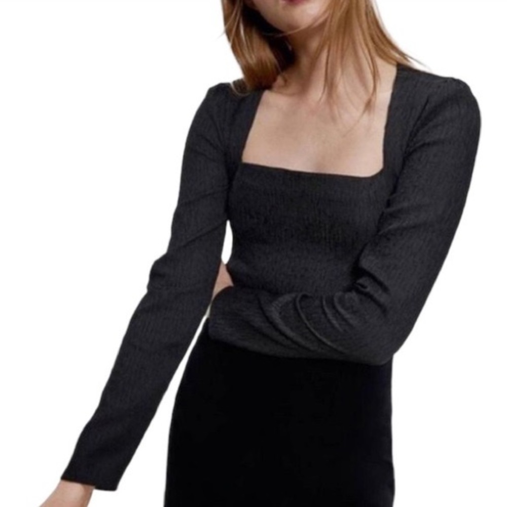 ZARA Black Textured Square Neck Bodysuit